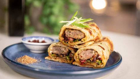 Kofta shallot pancake wrap | SBS Food Pancake Wrap, Chinese Wrap, London Dinner, Dinner 2023, Kofta Recipe, Chilli Oil, Wrap Recipe, Sbs Food, Great British Chefs