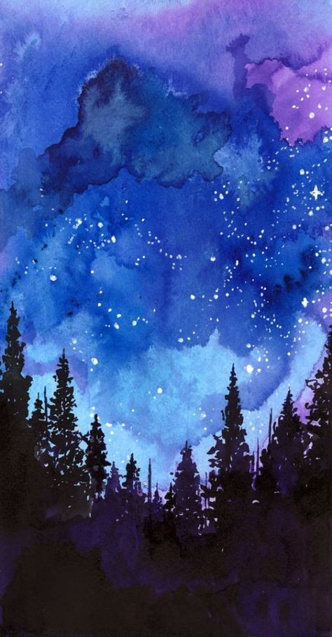 #10 PONDER ON YOUR OWN CREATION OF THE FOREST UNDER THE NIGHT'S SKY The Night Sky, Night Sky, Watercolor Painting, The Sky, Trees, Stars, Watercolour Painting