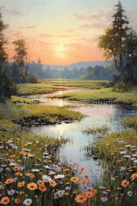 Dewy Meadow Gouache Painting Peaceful Pastel Wildflower Landscape Print Revitalizing Earthy Color Palette Calm Creek Reflection Wall Art A serene sunrise over a blooming meadow, reflecting on a tranquil stream surrounded by lush greenery and vibrant flowers. | Sky Rye Design Landscape Artwork Nature, Abstract Acrylic Landscape, Meadow Aesthetic Painting, Meadow Color Palette, Landscape Photos To Paint, Painting Reference Photos Landscape, Buddha Birth, Gouache Painting Landscapes, Calm Paintings