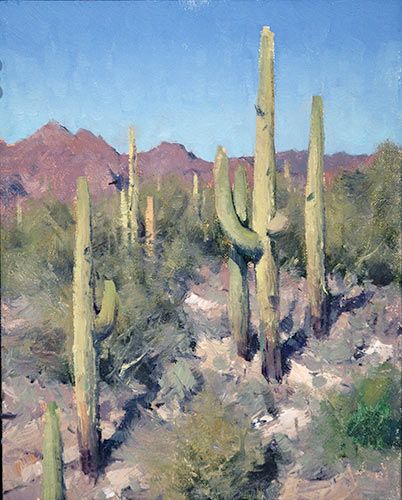 “Queen Valley Saguaros,” by Matt Smith, oil, 10 x 8 in. Southwest Artwork, Landscape Painting Watercolor, Oil Painting Pictures, Oil Painting Tutorial, Art Articles, Cactus Painting, Desert Art, Desert Painting, Shadow Art