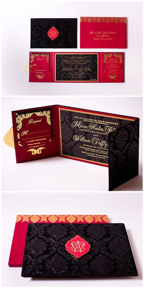 Velvet invitations in red, black and gold. These wedding invitations were designed with a damask pattern and printed with gold foil printing. Luxurious wedding invitations are taken to the next level with custom medallions. Click to read more or pin and save for later! Luxurious Wedding Invitations, Velvet Invitation, Velvet Wedding Invitations, Red Gold Wedding, Velvet Wedding, Foil Printing, Trendy Wedding Invitations, Wedding Invitation Samples, Luxury Invitation