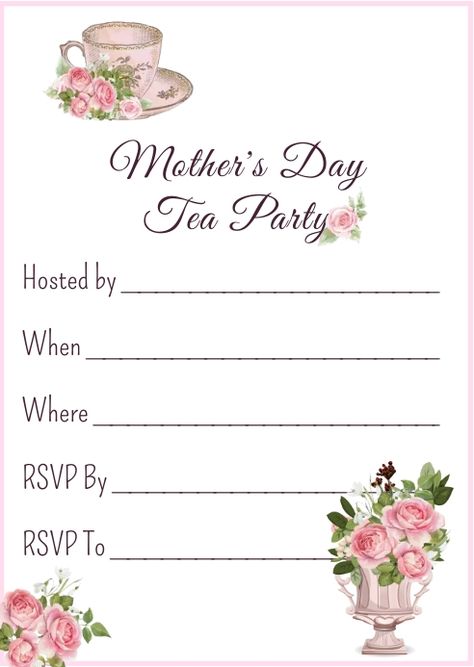 Mother's Day Fill In Tea Party Invitation Mother Day Invitation, Mothers Day Tea Party Invitations, Tea Party Invitations Printable Free, Mothers Day Invitations, High Tea Invitations, Mothers Day Tea, Mexican Party Invitation, Morhers Day, Lunch Invitation