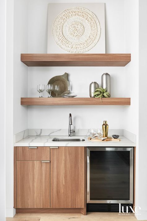 Modern Mediterranean Wet Bar, Wet Bar Lower Cabinets Only, Wet Bar In Media Room, Scandinavian Wet Bar, Mini Bar With Floating Shelves, Small Wet Bar With Sink, Simple Wet Bar Ideas, Wet Bar Open Shelving, Mid Century Modern Wet Bar