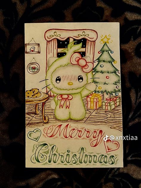 Marry Christmas Drawings, Cute Christmas Couple Drawings, Drawings Ideas Hello Kitty, Merry Christmas Chicano Art, Love Christmas Drawing, Chicano Christmas Drawings, Christmas Chicano Art, Bf Christmas Card Ideas, Hello Kitty Drawing Christmas