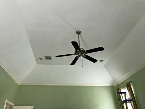 Diy Vaulted Ceiling, Diy Tray Ceiling, Angled Tray Ceiling, Tray Ceiling Ideas Bedroom, Vaulted Tray Ceiling, Tray Ceiling Ideas, Ceiling Makeover, Ceiling Feature, Drywall Tape