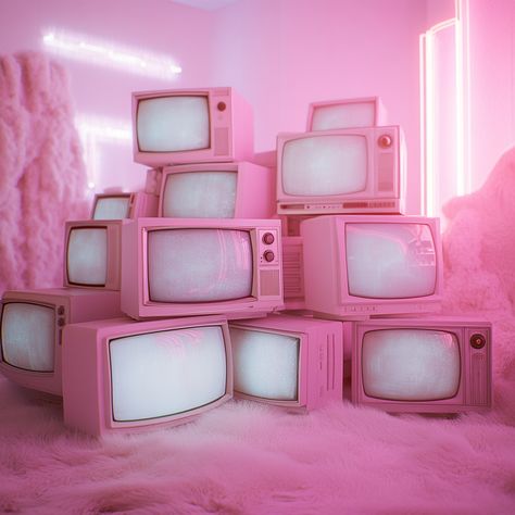 🌸✨ Step into a whimsical world where retro charm meets modern chic! 📺💕... Dreamy Environment, Fur Carpet, Vintage Television, 70s Aesthetic, Retro Aesthetic, Pink Light, Modern Chic, White Rug, Neon Lighting