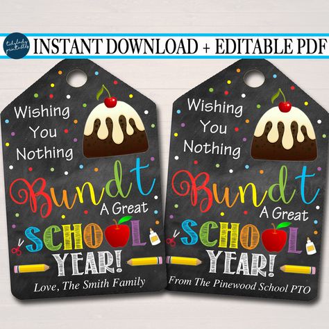 EDITABLE Bundt Cake Gift Tags, First Day of School Staff Teacher Gift, Printable Cake Label Wishing You a Great School Year INSTANT DOWNLOAD Bundt Cake Teacher Gift Free Printable, First Day Of School Teacher Gift Ideas, 1st Day Of School Teacher Gift, First Day Teacher Gifts Ideas, First Day Of School Gifts For Teachers, First Day Of School Teacher Gifts, Bundt Cake Gift, Back To School Teacher Gifts, Chalkboard Tags