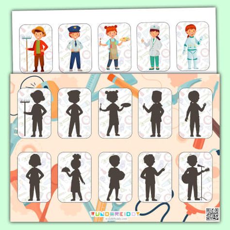 Printable Profession Shadow Match Labor Day Activity for Kids Pair Activities For Preschool, Improve Speaking Skills, Pre Writing Activities, Math Tasks, Matching Pairs, Preschool Age, Matching Activity, Mental Training, Preschool Activity