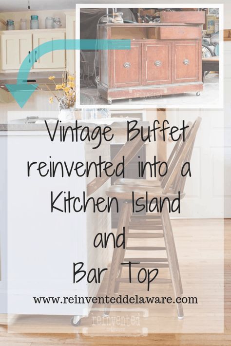 Vintage Buffet Kitchen Island Kitchen Island Made From Antique Buffet, Buffet Kitchen Island, Refurbished Cabinets, Upcycle Kitchen, Antique Sideboard Buffet, Diy Buffet, Buffet Kitchen, Sideboard Upcycle, Antiquing Furniture Diy