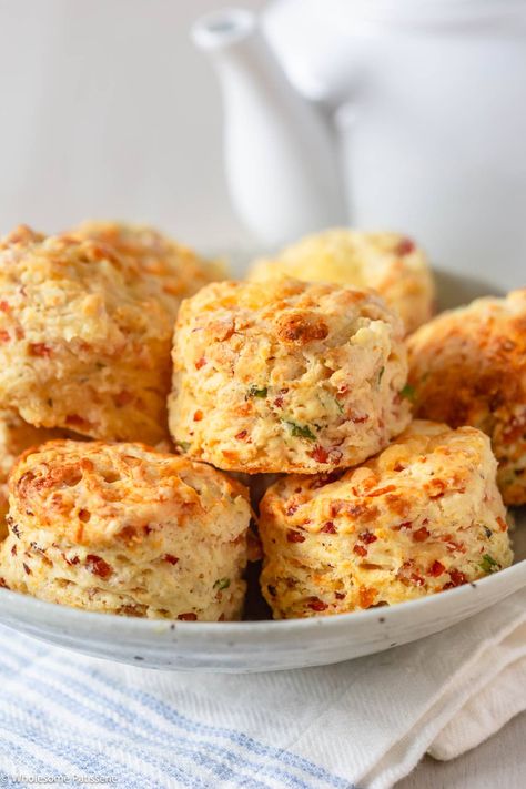 Savory Cheese, Chive and Ham Scones - Wholesome Patisserie Ham And Cheddar Scones, Ham Scones, Ham And Cheese Scones, Cheese And Chive Scones, Savory Scones Recipe, Savoury Scones, Cheese Scone Recipes, Savory Muffins Recipes, Best Scone Recipe