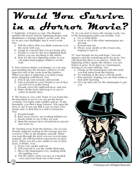 Would You Survive a Horror Movie? Fun Quiz Page 2 Movie Trivia Questions, Halloween Quiz, Fun Personality Quizzes, Teaching High School English, Movie Quiz, Halloween Worksheets, English Language Teaching, English Activities, Fun Quiz