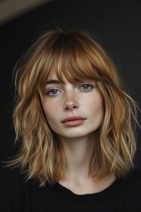 56+ Shaggy Lob With Bangs Hairstyle Ideas Low Maintenance Fringe, Wavy Medium Hair With Bangs, Shaggy Long Bob With Bangs, Shaggy Fringe, Lob With Bangs Round Face, Easy To Style Haircut For Women, Long Bob Bangs, Fringe Hairstyles Round Face, 60s Haircut