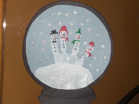 Hand-print snow globes Snowmen Handprint, Baby Hand And Foot Prints, Infant Crafts, December Winter, Snowman Snow, Snow Theme, Reggio Inspired, Handprint Craft, Handprint Crafts