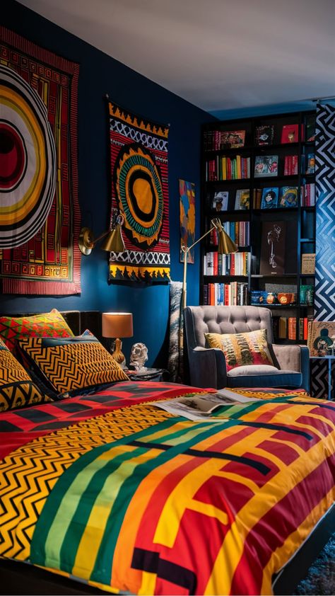 Discover how to infuse cultural richness and style into your space with Afrocentric Bedroom decor. Bring the warmth of African heritage into your home through vibrant patterns, bold colors, and unique textures. Embrace elements like traditional textiles, wooden accents, and intricate art pieces that celebrate African culture. Create a cozy sanctuary that reflects your love for Afrocentric design by incorporating handmade crafts and symbolic ornaments. African Inspired Bedroom Ideas, African Inspired Bedroom, Afro Bohemian Style, Afrocentric Bedroom, Afro Bohemian Style Decor, Inspired Bedroom Ideas, African Bedroom, Vibe Rooms, Afrocentric Decor