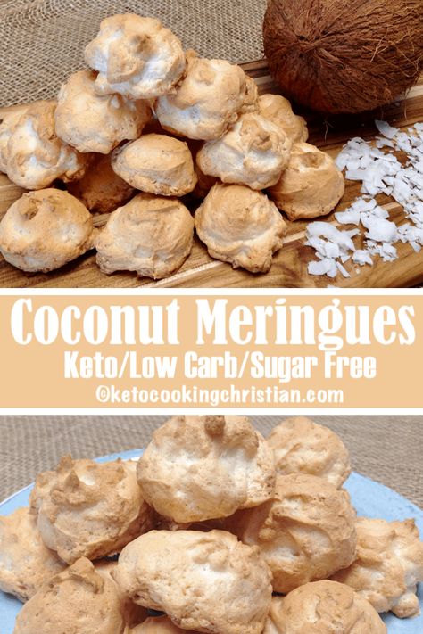 Coconut Meringue Cookies – Keto, Low Carb & Sugar Free  A sweet treat that you can make any time and they are guilt-free! Finely shredded coconut flavors these meringue cookies. They are so light and airy, and taste like little coconut clouds!  #ketorecipes #keto #lowcarb #ketodiet #ketogenicdiet #lowcarbdiet #ketogenic #lowcarbhighfat #lowcarbrecipes  #lchf #glutenfree #ketoweightloss #ketocookingchristian Coconut Meringue, Low Fat Low Carb, Low Carb Low Fat Recipes, Low Carb Chicken Recipes, Low Carb Low Sugar, Low Carb Tortillas, Meringue Cookies, Low Carb Breakfast Recipes, Healthy Low Carb Recipes