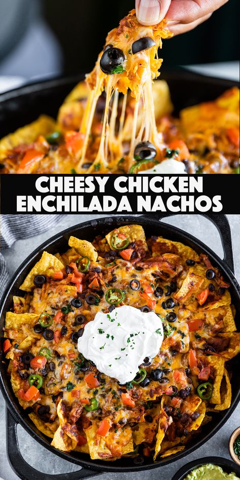 Cheesy Chicken Enchilada Nacho Recipe Dutch Oven Nachos, Nachos Chicken Recipe, Enchilada Nachos, Shredded Chicken Nachos, Nacho Recipe, Savory Dips, Chicken Nachos Recipe, Nacho Toppings, Dip Recipes Appetizers