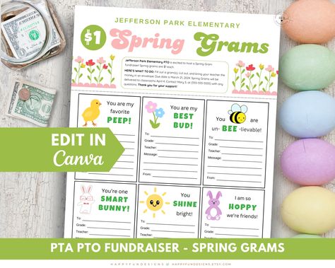 Valentine Grams Fundraiser, Candygram Ideas Fundraiser, Valentines Day Grams Fundraiser, Spring Candy Grams, Elementary Pto Fundraisers, Pto Flyers, Spring Candy, Easter School, Message For Teacher