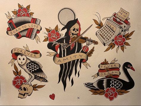 Amity Affliction Flash, The Amity Affliction Tats, Ahren Stringer, American Classic Tattoo, Traditional American Tattoo, Art Tattoo Ideas, Traditional Tattoo Stencils, Roman Tattoo, Amity Affliction