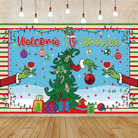 PRICES MAY VARY. Transform your celebration into Whoville! Perfect for holiday party décor, this backdrop banner shows the Grinches and his reindeer wannabe doggy, fresh from stealing Christmas. Material - This christmas banner is made of durable polyester fabric, which can serve for a long time use; It is light weight, washable, tear-resistant and easy to carry. Dimension of Christmas Banner - Measures approx. 160 x 100 cm/ 63 x 39.4 inches, it will look so gorgeous wherever you set it on your Whoville Christmas Backdrop, Whoville Christmas Decorations Indoor, Grinch Christmas Office Decorations, Grinch Christmas Bulletin Board Ideas, The Grinch Classroom Decorations, Whoville Classroom Decorations, Grinch Christmas Decorations Whoville, Grinch Photo Booth, Whoville Backdrop