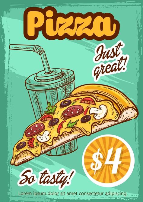 Fast food pizza menu vector sketch poster Carbonara Pizza, Fast Food Pizza, Poster Sketch, Bistro Menu, Pizza Poster, Sketch Poster, Food Posters, Pizza Menu, Veg Food