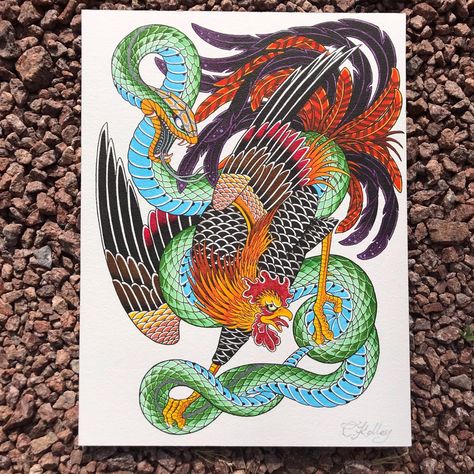 Rooster Snake Tattoo, Japanese Rooster Tattoo, Drawing Ideas Snake, Snake And Bird, Drawing Of A Bird, Chicken Tattoo, Rooster Tattoo, Two Snakes, Sparrow Tattoo