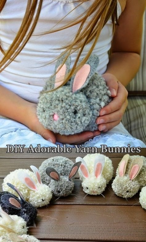 Grab the tutorial for the diy adorable yarn bunnies and make every one for Easter. Sometimes, as parents, it can be difficult to find things for your kids to do around the house. One really fun thing to do is crafting, it can be amazingly fun and educational at the same time. This article was designed to introduce Yarn Bunnies, Yarn Animals, Pom Pom Animals, Yarn Crafts For Kids, Adorable Bunnies, Diy Yarn Crafts, Pom Pom Crafts, Easter Bunny Crafts, The Homestead