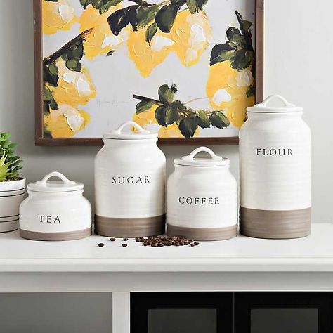 Two-Tone Modern Farmhouse Canisters Farmhouse Canister Set, Farmhouse Canisters, Farmhouse Remodel, Cerámica Ideas, Classic Kitchen, Diy Farmhouse Decor, Kitchen Canisters, Farmhouse Style Kitchen, Modern Farmhouse Kitchens