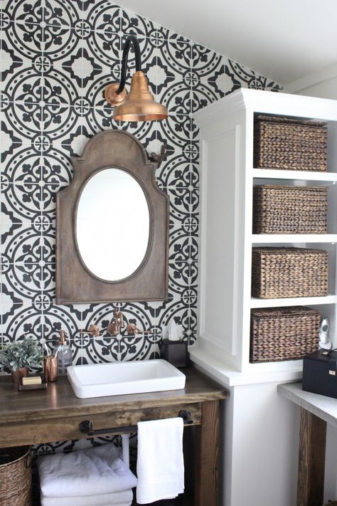 11 Gorgeous Ways to Use Cement Tile | Home Stories A to Z Bathroom Cement, Update Bathroom, Small Farmhouse Bathroom, Farmhouse Bathroom Remodel, Bathroom Farmhouse, Bathroom Farmhouse Style, Modern Farmhouse Bathroom, Style Bathroom, Copper Accents