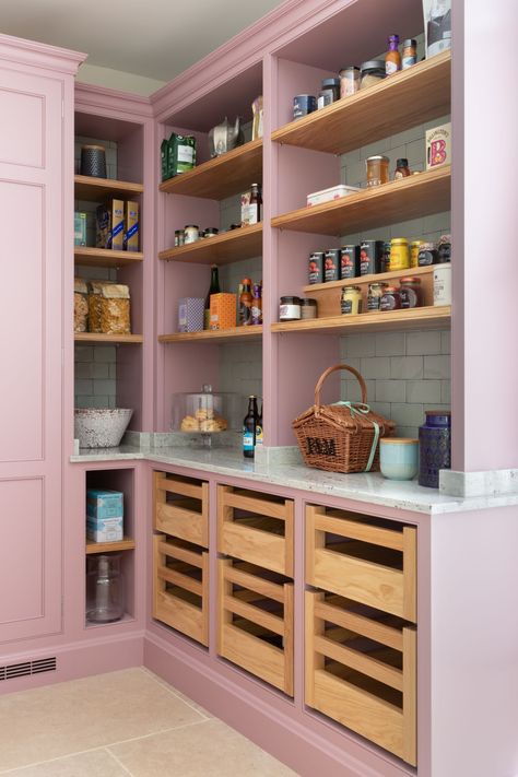 Gone are the days when pantries were dark and hidden behind a closed door. Our client chose a paint by @zoffanyfw #MuskPink for the cabinetry. ⁠ Beautiful blue/green glass metro tiles by @firedearthuk ⁠ Handmade apple boxes create the perfect storage solution for fruit and cool surfaces made from granite in River Valley White from @ShawStoneLtd, ideal for storing your handmade cakes – assuming they last long enough to be stored of course! Photography by @paullmcraig⁠ Kitchen Cupboard Colours, Secret Drawer, Pantry Inspiration, Leftover Food, Pantry Wall, Apple Boxes, Metro Tiles, Boho Kitchen, Kitchen Extension