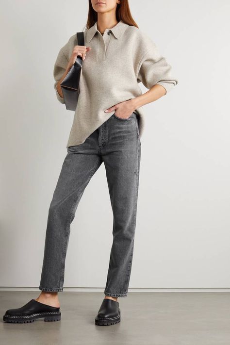 Light Grey Jeans Outfit, Grey Jeans Outfit, Straight Jeans Outfit, Denim Jeans Outfit, Straight Leg Jeans Outfits, Dark Grey Jeans, Designer Jeans For Women, Jeans Outfit Fall, Mid Waist Jeans