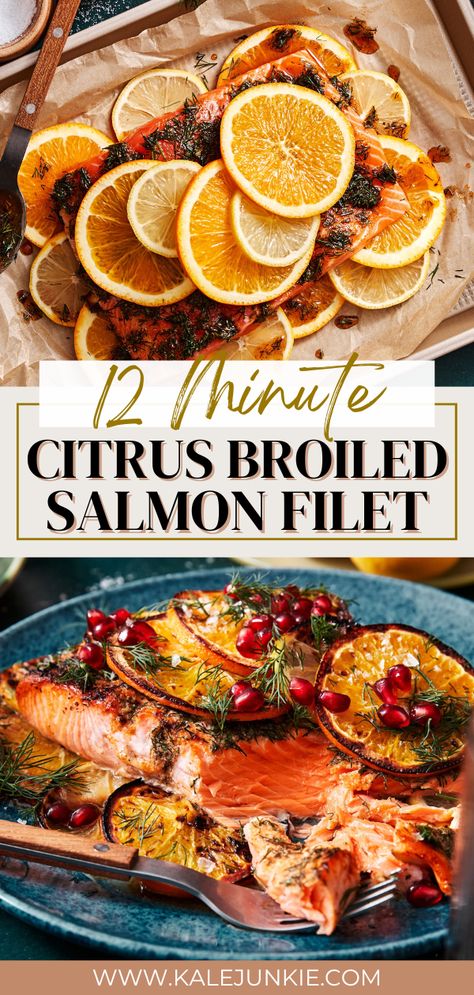 This 12 Minute Citrus Broiled Salmon Filet is an easy weeknight dinner recipe for incredibly flavorful salmon! If you want something vibrant and delicious with minimal prep, look no further than this recipe. This salmon is seasoned perfectly with fresh herbs and paired with slices of citrus that make the flavors pop. You will be obsessed! Citrus Salmon Recipes, Citrus Salmon, Gut Recipes, Healthy Gut Recipes, Best Salmon Recipe, Broiled Salmon, Healthy Comfort, Weeknight Dinner Recipes Easy, Salmon Dinner