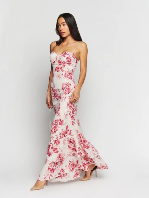 Petites Fallon Dress - Sleeveless Bridal | Reformation Maxi Gown Dress, Reformation Dress, White Floral Dress, Reformation Dresses, Floral Print Maxi Dress, Pink Ruffle, Floral Print Maxi, Maxi Gowns, Guest Outfit