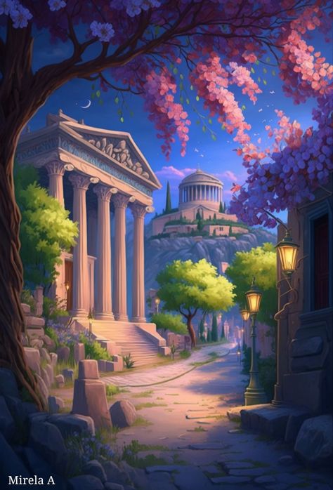 Greek Mythology Scenery, Greek Mythology Landscape, Ancient Greece Landscape, Ancient Greece Architecture, Greek Landscape, Greece Landscape, Greece Architecture, Classical Greece, Flower Places