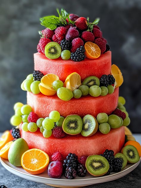 Fresh Fruit Three-Tiered Cake 🍉🍓🍇  ⬇️⬇️⬇️ 𝗜𝗻𝗴𝗿𝗲𝗱𝗶𝗲𝗻𝘁𝘀: 1 large watermelon 🍉 2 oranges, sliced 🍊 2 lemons, sliced 🍋 2 limes, sliced 🍈 3 kiwis, sliced 🥝 1 cup green grapes 🍇 1 cup red grapes 🍇 1 cup strawberries, halved 🍓 1 cup blackberries 🍇 1 cup blueberries 🫐 1 cup raspberries 🍇 1 cup cherries 🍒 1 cup melon balls (cantaloupe, honeydew) 🍈 Toothpicks or small wooden skewers Decorative platter or base Asian Fruit Platter, Fruit Themed Wedding, Watermelon Fruit Cake, Fruit Platter Ideas Party, Gingerbread Donuts, Melon Balls, Fruit Wedding Cake, Melon Cake, Fruit Platters