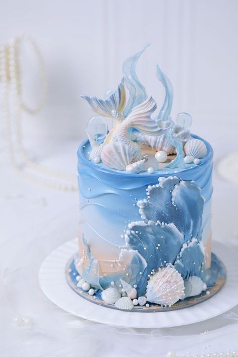 Cake Ideas Vintage, Pretty Cake Ideas, Ocean Birthday Cakes, Beach Themed Cakes, Ocean Cakes, Mermaid Birthday Cakes, Sea Cakes, Beach Cakes, Decor Cake