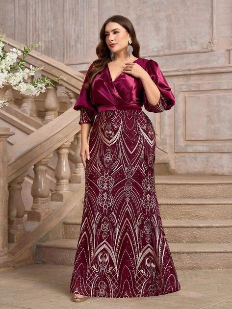 SHEIN Belle Plus Size Burgundy Luxury Beaded Splicing Stretch Sateen Court Sleeve Elegant Mermaid Formal Dresses Heavy Evening Gowns | SHEIN USA Maroon Evening Gown, Formal Attire Women, Burgundy Evening Gown, Elegant Mermaid Dress, Burgundy Party, Knee Length Dresses Casual, Dinner Gowns, Ao Nang, Short Women