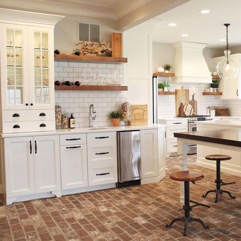 Follow The Yellow Brick Home - Beautiful and Timeless Brick Floors (and a Kitchen Makeover Sneak Peek!) – Follow The Yellow Brick Home Brick Kitchen Floor, Brick Floor Kitchen, Brick Floor, Refacing Kitchen Cabinets, Brick Kitchen, Brick Flooring, Updated Kitchen, Kitchen Space, Rustic Kitchen