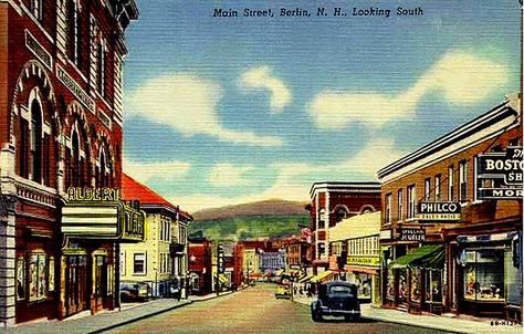 Main Street, Berlin, New Hampshire, postcard about 1947. New England Road Trip, Big Plants, Old Newspaper, Business District, Birds Eye View, Birds Eye, Main Street, New Hampshire, Hampshire