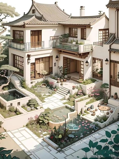 Japanese Cottage House, Japanese Style Houses, Japanese Style Mansion, Japanese Luxury House, Tokyo Houses, Japanese House Aesthetic, Sims 4 Japanese House, Procreate Building, Japanese House Exterior