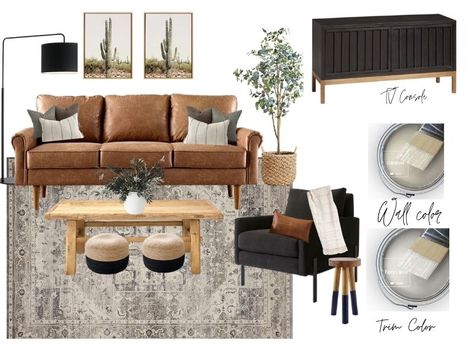 Organic Modern Living Room Furniture, Modern Living Room Mood Board, Boho Modern Living Room, Leather Couch Living Room Decor, Living Room Mood Board, Tan Living Room, Room Mood Board, Moody Living Room, Leather Couches Living Room