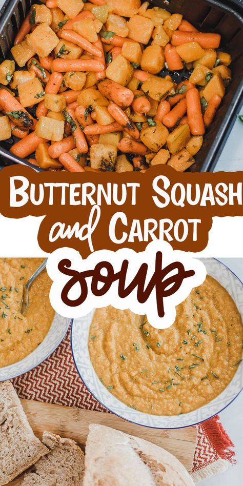 a delicious butternut squash and carrot soup recipe. This soup is easy to make and full of savory spices that make this squash soup hard to resist. a perfect bowl of fall flavor. via @lifesewsavory Butternut Squash And Carrot Soup, Squash And Carrot Soup, Soup Butternut Squash, Thai Butternut Squash Soup, Roasted Squash Soup, Garden Vegetable Soup, Butternut Soup, Butternut Squash Recipes Soup, Squash Soup Recipe