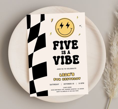 Five Is A Vibe, 5th Birthday Invitation, 5th Birthday Boys, Birthday 4, 5th Birthday Party Ideas, Boy Birthday Party Themes, Print Center, Birthday Themes For Boys, Boy Birthday Party