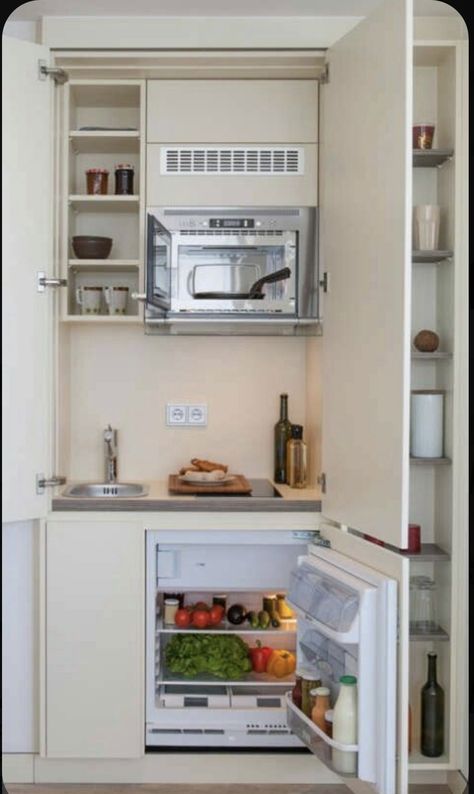 Micro Kitchen, Kitchen Unit Designs, Apartemen Studio, Small Kitchenette, Tiny Kitchen Design, Kitchen Unit, Cabinet Designs, Small Apartment Kitchen, Tiny House Kitchen