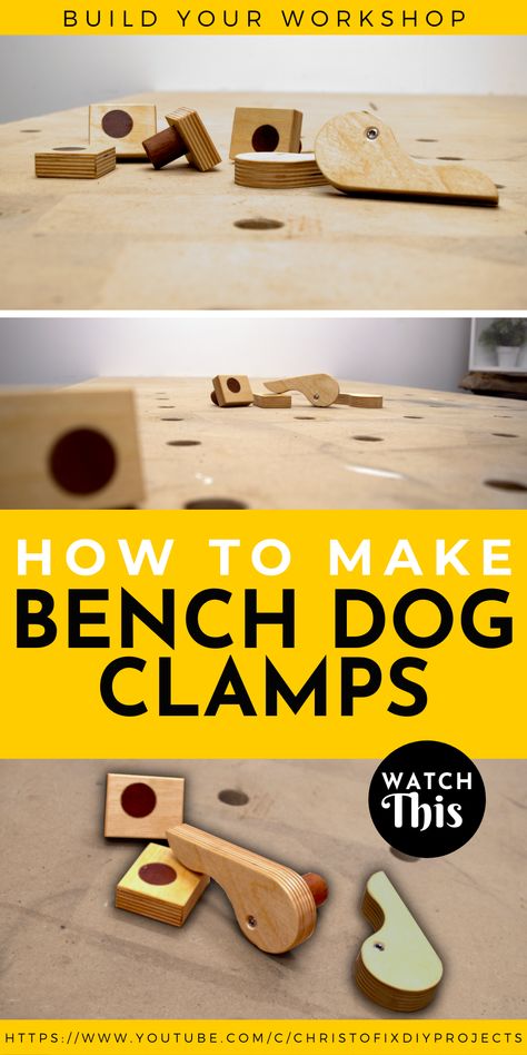 In this video, I will show you how you can build these simple DIY bench dog clamps for your workbench. I made them out of pieces of scrap plywood. This workbench jig will secure your workpiece on to your workbench. There are free plans available. #workbench #workshop #clamps #clamping #clampingsystem #benchclamps #benchdogclamps #diyclamps #clampjig Simple Diy Bench, Simple Bench, Simple Benches, Wood Trellis, Workshop Layout, Dog Bench, Wood Mantle, Diy Workbench, Woodworking Clamps