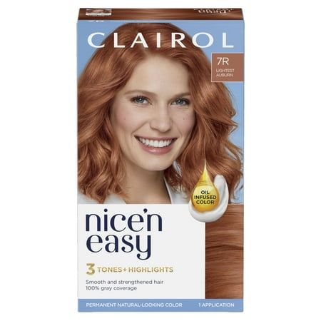 Superior Natural Looking ColorBlends 3 tones into every shadeClairol's Colorblend Technology TM, for long lasting natural looking colorTones & Highlights100% Size: Regular. Terracotta Hair Color, Copper Hair With Highlights, Auburn Hair Dye, Light Auburn Hair Color, Permanent Hair Dye Colors, Light Auburn Hair, Light Auburn, Hair Color Cream, Hair Color Auburn