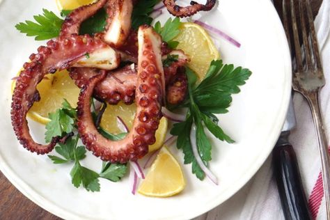 Grilled Octopus Grilled Octopus Recipe, Octopus Recipe, Appetizers Seafood, Pescatarian Diet, Octopus Recipes, Grilled Squid, Squid Recipes, Pescetarian Recipes, Bbq Pork Ribs