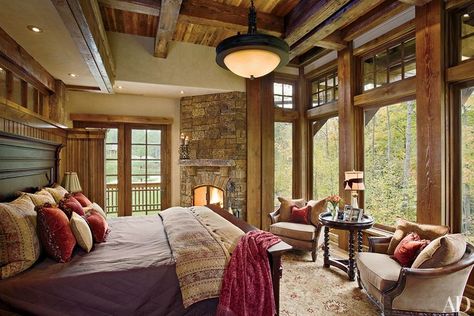 A strong connection to the outdoors is felt in the master bedroom of this home outside Toronto by Locati Architects and Locati Interiors | archdigest.com Rustic Bedroom Design, Traditional Bedroom, Rustic Bedroom, Style At Home, Home Design Decor, Rustic Interiors, Beautiful Bedrooms, Bedroom Styles, Design Case