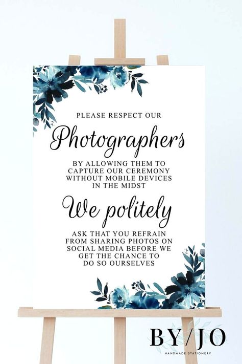 A pretty wedding sign that will look beautiful alongside your other navy, floral wedding decor. Politely let your guests know that your ceremony is an unplugged one, and that you do not want them to share their pictures on social media. Head over to my blog for more unplugged ceremony sign ideas Funny Rhymes, Wedding Sign Ideas, Floral Wedding Decor, Wedding Planning Boards, Unplugged Ceremony Sign, Unplugged Wedding Sign, Unplugged Ceremony, Stationery Ideas, Ceremony Sign