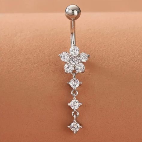 Dazzling Rhinestone Belly Button Ring Fashion-Forward Flower Tassel Design High-Quality Zirconia Navel Piercing Jewelry Perfect Vacation Style Body Accessory For Summer Beach Trips Cute Belly Rings Stud, Clip On Belly Button Rings, Belly Button Jewelry Dangle, Flower Belly Button Piercing, Dangling Belly Button Rings, Belly Button Piercing Ring, Bellybuttonpiercing Aesthetic, Summer Belly Button Rings, Belly Rings Stud