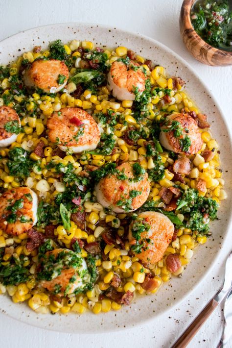 Healthy Homesteader, Sautéed Corn, Homesteader Recipes, Seafood Entree, Veggie Entrees, The Original Dish, Cherry Tomato Pasta, Seafood Recipe, Seared Scallops